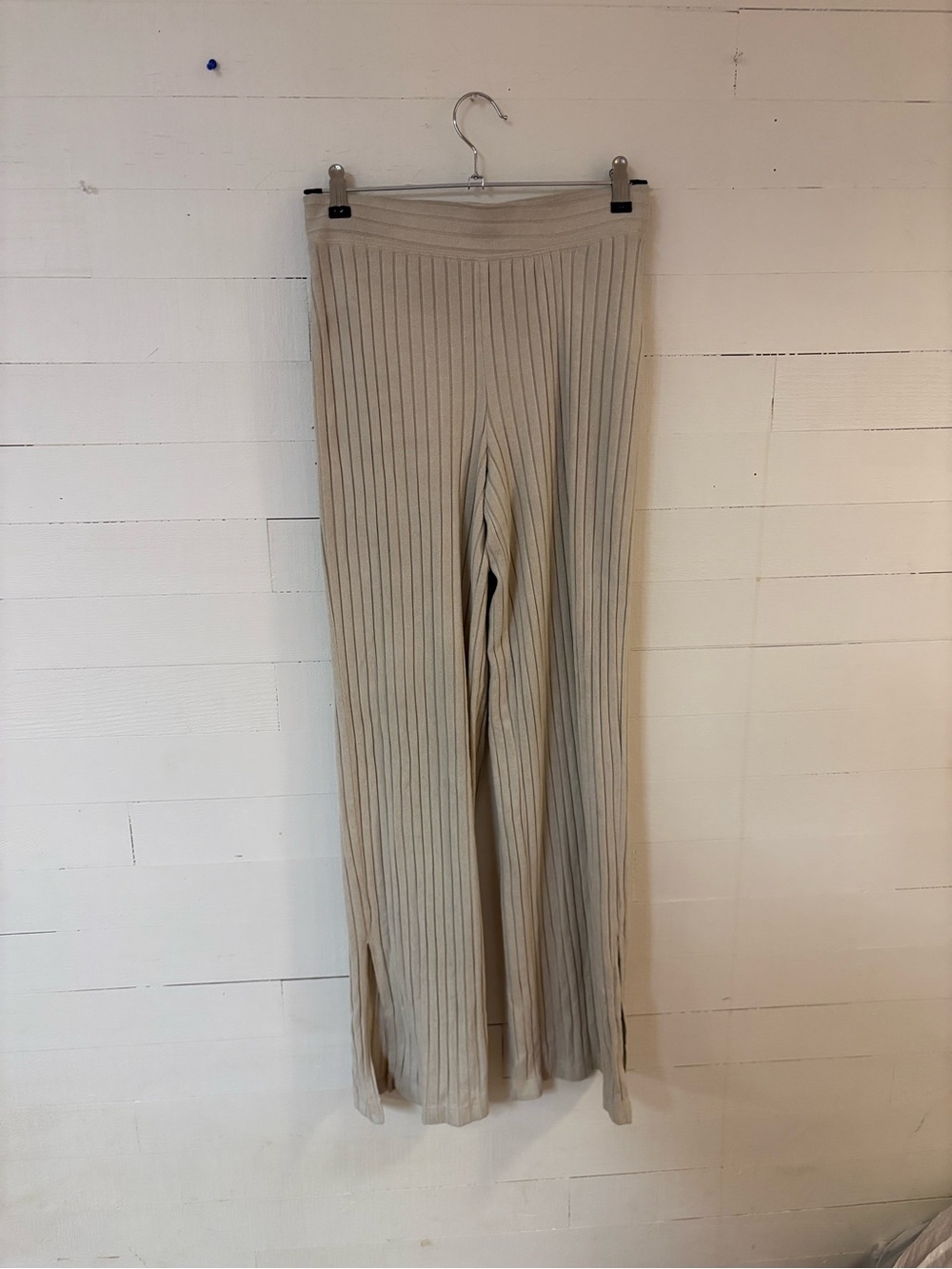 Gilly Hicks XS Ribbed Knit Wide Leg Split Hem Pants Beige Taupe